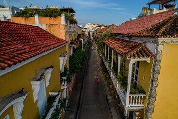 Fototapeta premium Beautiful aerial view of the Walled City of Cartagena, Its majestic Cathedral, the plaza, its colonial architecture. Colombia 