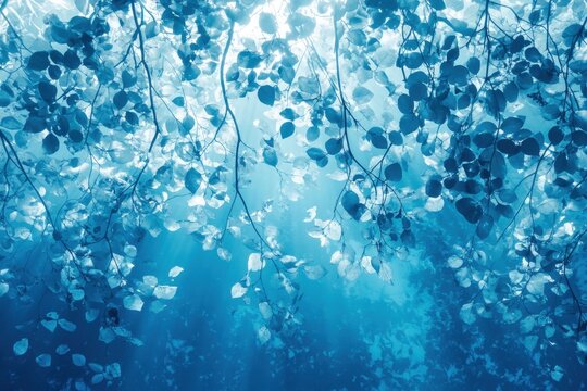 underwater blue background, the bottom is covered with leaves and tree branches, they look like shadowed outlines of trees, light in bright white and light blue colors Generative AI