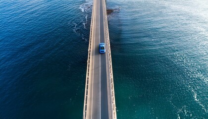 A drone view from above of a blue car on a highway in the middle of the ocean; drone photography of a vehicle on a highway crossing the ocean; 