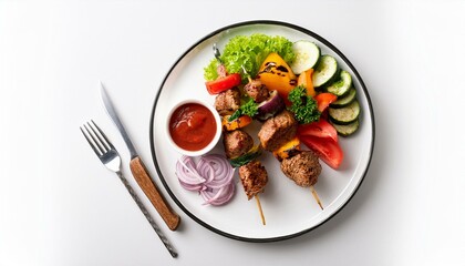 Grilled meat skewer with vegetables and sauce on a white plate; shish kabob or shish kebab with vegetables and sauce on a white plate on a white background; food photography