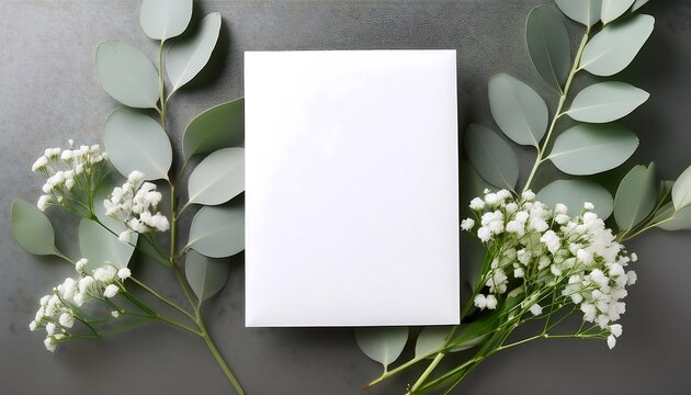 Elegant white wedding invitation card paired with eucalyptus branches and gypsophila for a natural touch. Generative AI