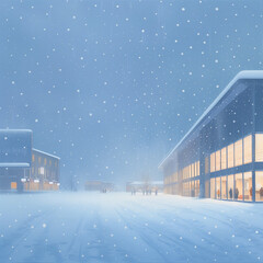 Snow-Covered Landscape Near a Shopping Mall with Holiday Decorations
