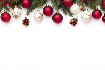 Fototapeta premium Christmas wreath with poinsettia flowers, ornaments, and greenery on white background. Perfect for holiday decor, festive designs, and seasonal celebration imagery.