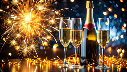 Celebrate the new year with sparkling champagne and dazzling fireworks in a joyful atmosphere featuring elegant glasses