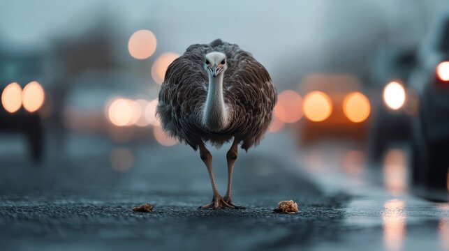 A determined ostrich stands resolute amidst city traffic during a rainy evening, its stance commanding attention as blurred car lights form a lively backdrop.