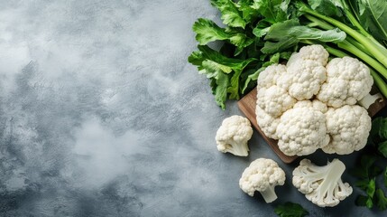 A collection of fresh cauliflower florets arranged artistically on a wooden board, surrounded by vibrant green leaves, highlighting their texture and pattern.