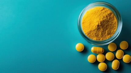 A vibrant composition featuring a bowl of bright yellow powder and complementary yellow tablets arranged on a contrasting teal background, exuding energy and health.
