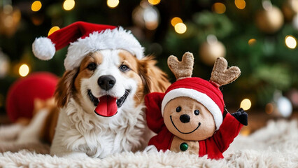 christmas dog with santa hat