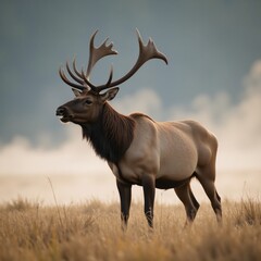 Majestic elk calls amidst early morning mist with watercolors conveying a sense of untamed liberty