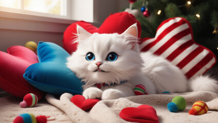 kitten playing with christmas balls