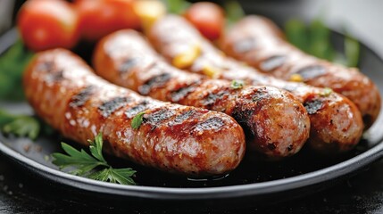 Succulent, chargrilled sausages on a platter with herbs make for an inviting dish; the glossy sheen enticing and highlighting the herbs and a bold meal.