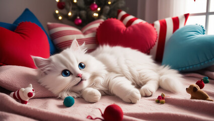 kitten playing with christmas balls