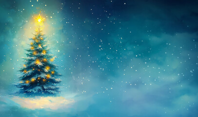 Decorated Illuminated Christimas Pine Tree at Night in Dark Snowy Forest Banner with Copy Space