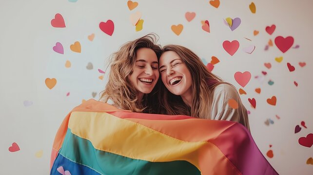 Two cheerful women joyfully hugging while wrapped in a colorful rainbow flag with hearts falling around them. - Powered by Adobe