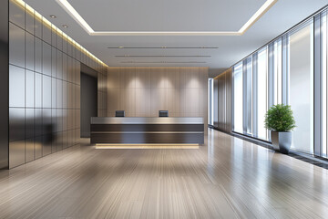 Corporate Lobby with a Large Reception Desk and Modern Aesthetic Touches