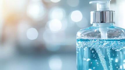 A close-up image of a blue liquid soap bottle featuring numerous bubbles within the soap, emphasizing the clarity and cleanliness associated with personal hygiene products.