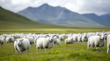 Fototapeta premium A large flock of sheep grazes quietly on a vibrant green field in front of dramatic grey hills, capturing a serene pastoral scene of nature’s quiet industry and harmony.