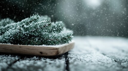 Spruce branches gracefully covered in soft snowflakes create a peaceful winter ambiance, evoking feelings of serenity and connection to nature&rsquo;s quiet beauty.