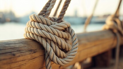 Close-up of a Secure Rope Knot Tightly Fastened to a Weathered Wooden Dock Railing with a Beautiful Blurred Background