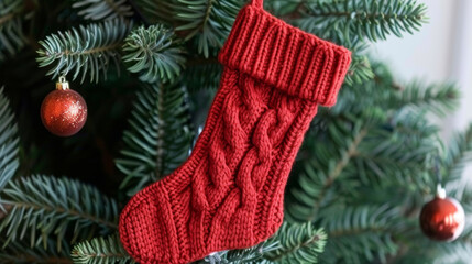 Red knit christmas stocking is hanging on a christmas tree decorated with red ornaments