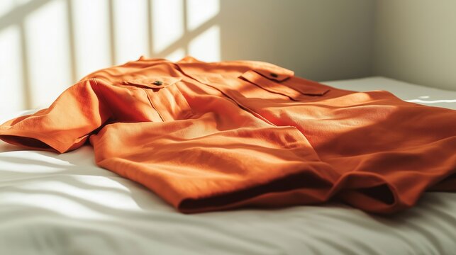 Orange prison uniform lying on bed in soft sunlight casting shadows on fabric. Image evokes a sense of solitude and confinement