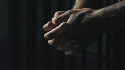 Prisoner sits alone in a dark jail cell, holding his hands together in thought or prayer
