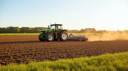 Obraz premium A tractor plowing a field at sunset, showcasing the beauty of agricultural work in a rural landscape