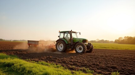 Fototapeta premium A tractor plowing a field at sunset, showcasing the beauty of agricultural work in a rural landscape