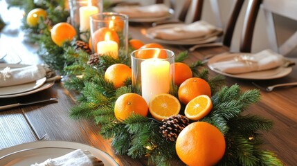 Christmas table setting with oranges, candles and pine branches decorating a wooden table