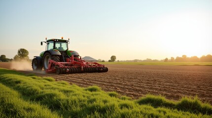 Obraz premium A tractor plowing a field at sunset, showcasing the beauty of agricultural work in a rural landscape