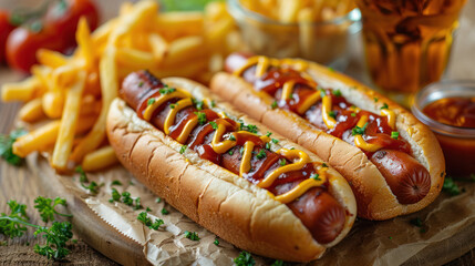Hot dogs with ketchup, yellow mustard, fries and soda. Appetizing fast food