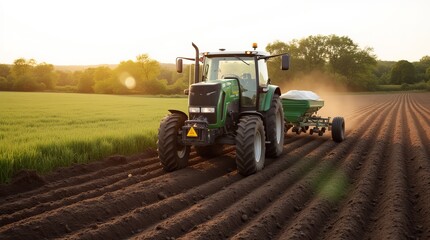 Obraz premium A tractor plowing a field at sunset, showcasing the beauty of agricultural work in a rural landscape