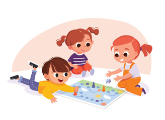Children sitting on a floor play table games. Kids having fun while playing board game. Spending time playing tabletop games. Vector illustration.