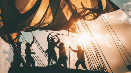 Silhouettes of sailors working together, adjusting sails on an old ship at sunset © Bonsales