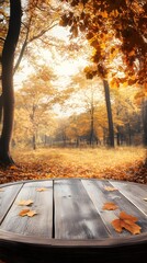 Wooden round table with autumn leaves in a forest, digital backdrop for product display, fall background