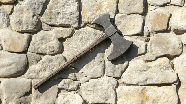 Formidable double-headed axe rests against a textured stone wall. Illuminated by the gentle glow of sunlight