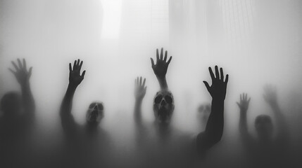 Multiple hands pressed against foggy glass, creepy Halloween atmosphere with mist and frosted glass background, black and white