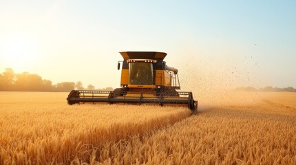 Obraz premium A combine harvester working in a golden wheat field at sunset, extracting grains in late summer