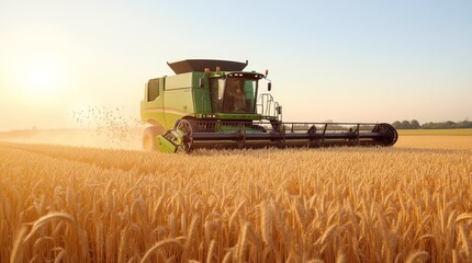 Fototapeta premium A combine harvester working in a golden wheat field at sunset, extracting grains in late summer