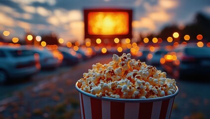 Focus on popcorn in red and white striped container with drive-in movie screen cars blurred background at dusk
