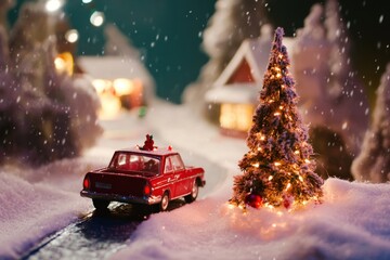 Red car in snowy village winter