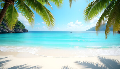 Tropical beach scene with clear turquoise water, palm trees, and distant boat under sunny sky