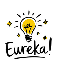 Cute vector illustration of light bulb with rays and cursive text 'Eureka!'