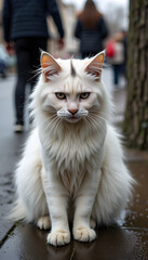 Fluffy white cat sitting confidently on street with pedestrians in background creating urban scene