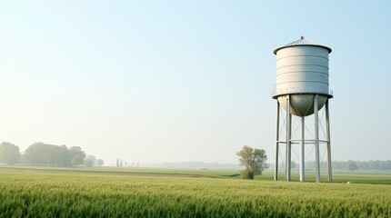 A vintage water tower stands tall amidst  fields under a clear sky, showcasing rural landscapes in the afternoon light