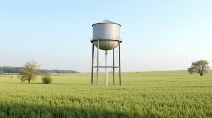 A vintage water tower stands tall amidst  fields under a clear sky, showcasing rural landscapes in the afternoon light
