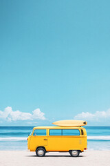 Vintage yellow van on the beach with a surfboard