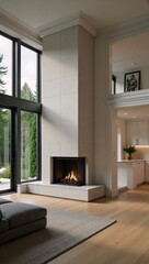 Modern home interior with nearby forest featuring a cozy fireplace 3D Render