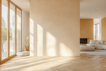 Beige home living room interior with rest and dining zone, window. Mockup wall

