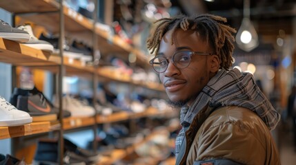 Fototapeta premium A friendly young African American male employee assisting a customer in a well-organized shoe store